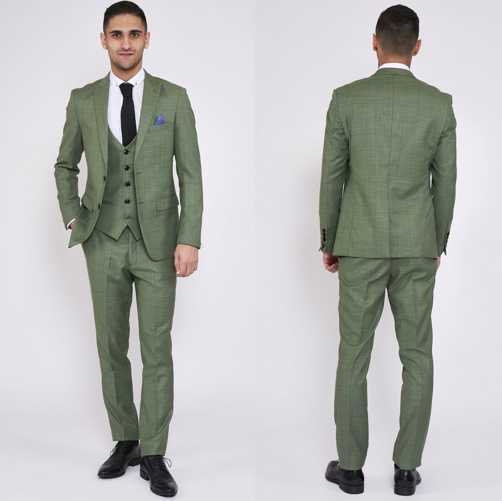 Olive Green Plaid Mens Suits for Groom Tuxedos 2019 Notched Lapel Slim Fit Blazer Three Piece Jacket Pants Man Tailor Made Clothing