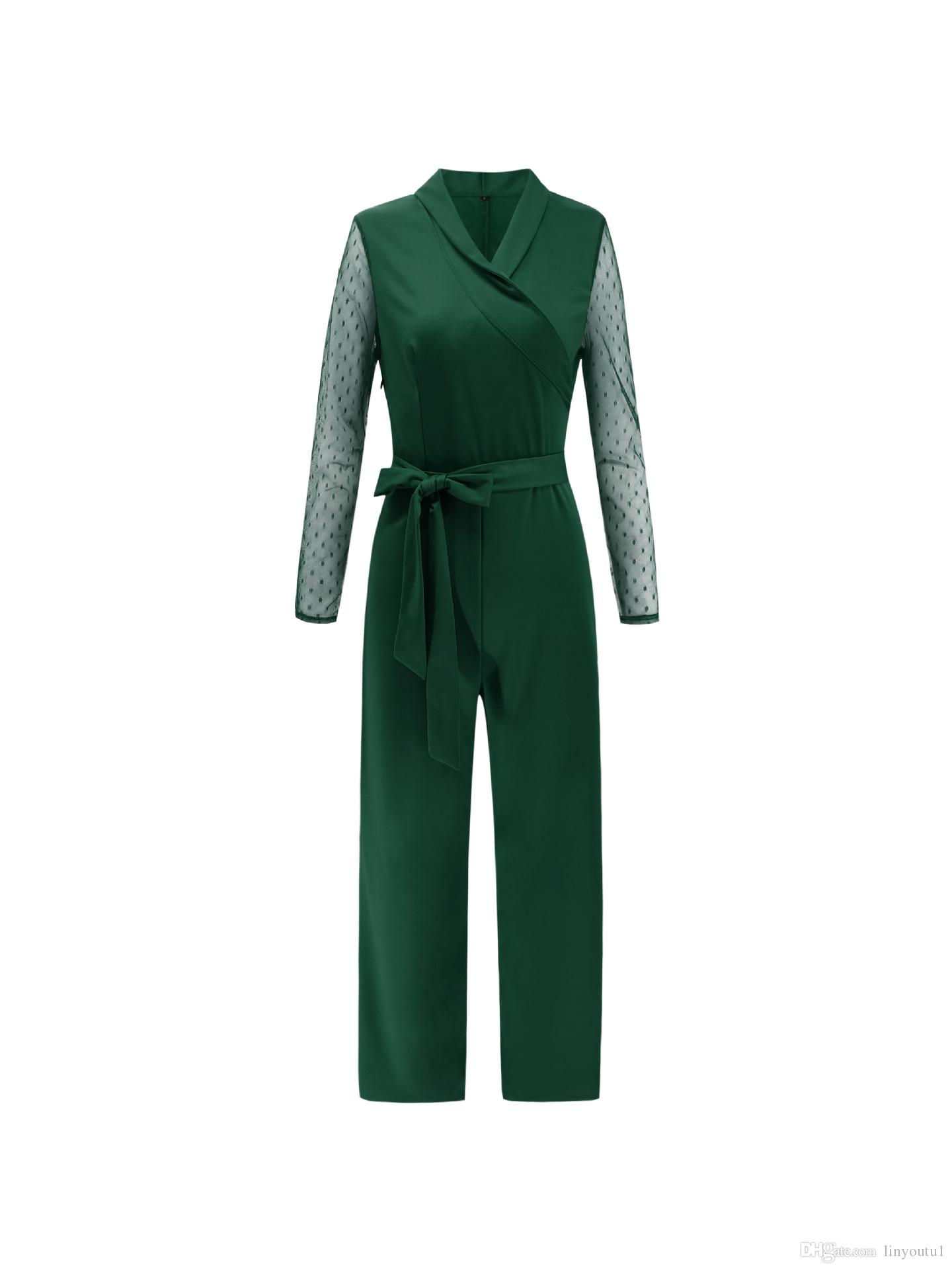 2020 Women Jumpsuits V neck Sexy Strap Slim Long Sleeve stitching wave point long sleeve Jumpsuit Romper Trousers Loose Leotard