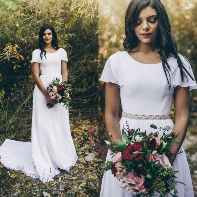 New Simple A-line Chiffon Modest Wedding Dresses Short Sleeves Scoop Crystals Belt Boho Bridal Party Gowns, Pink
New Simple A-line Chiffon Modest Wedding Dresses Short Sleeves Scoop Crystals Belt Boho Bridal Party Gowns, Pink