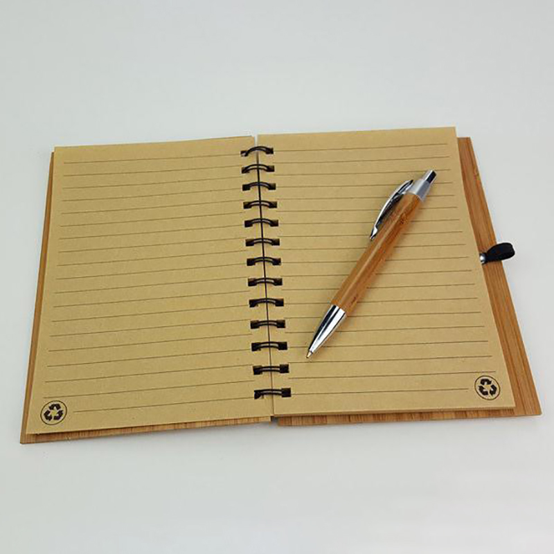 Wood Bamboo Cover Notebook Spiral Notepad With Pen 70 Sheets Recycled lined Paper