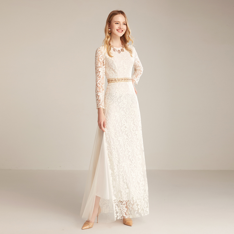 Women's Runway Dresses O Neck Long Sleeves Embroidery Lace Beaded Waist Elegant Fahion Maxi Party Prom