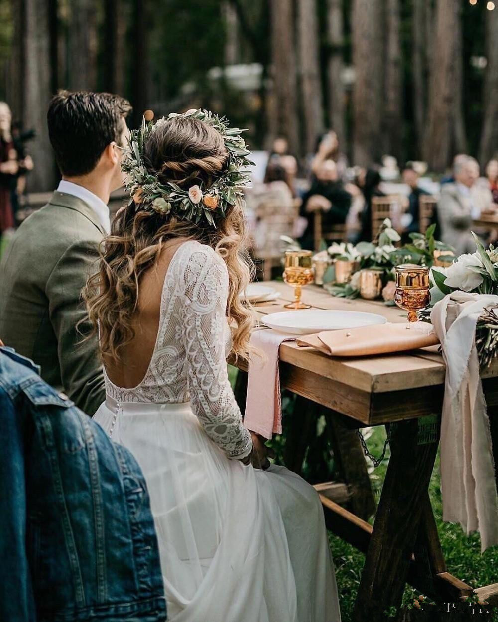 2020 Country Boho Wedding Dresses Long Sleeves Lace Applique Plus Size Bridal Gowns Open Back Chiffon Robe De Mariee