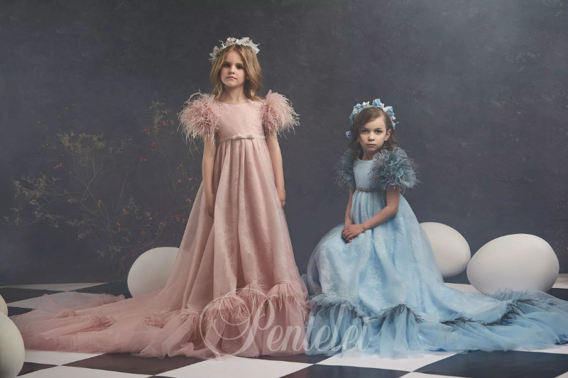 Dreamly A Line Flower Girl Dresses Jewel Short Sleeve Lace Applique Bow Sash Crystal Feather Pageant Dress Floor Length Girl's Birthday Part