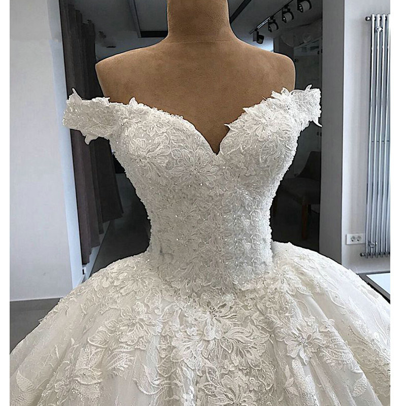 Vestido de Noiva Gorgeous Wedding Dresses 2019 Puffy Cap Sleeve Ball Gown Arabic Lace church train Bridal Wedding Gown Vintage
