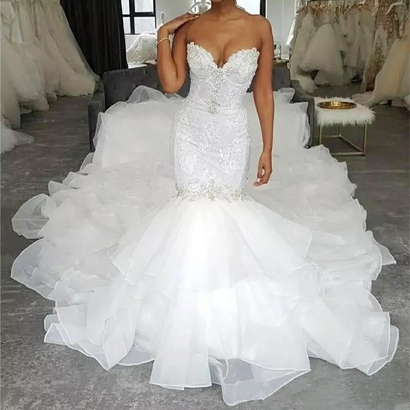 Sweetheart Lace Mermaid Wedding Dresses with Ruffles Chapel Train 2020 Crystal vestidos de novia Custom Made Bridal Wedding Gowns