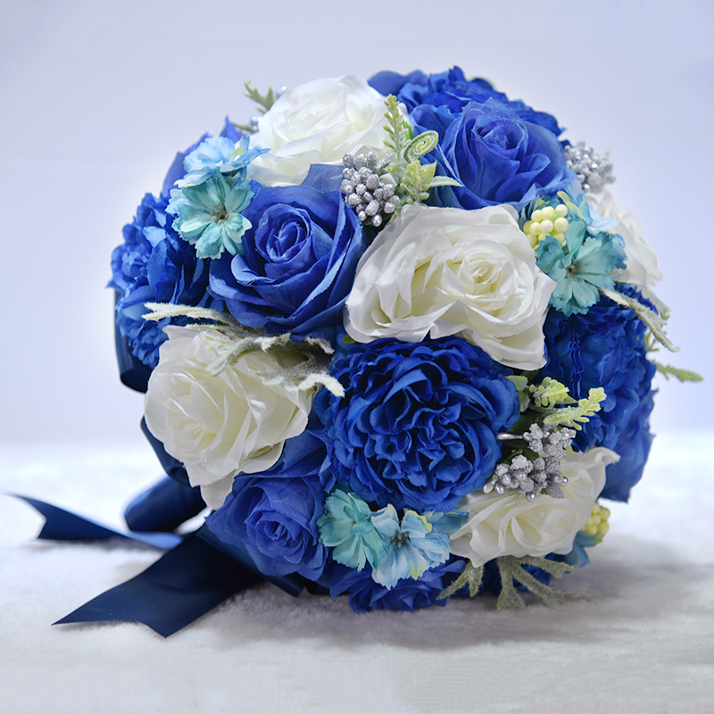 blue wedding flowers elegant Bridal Bridesmaid holding wedding bouquet artificial flower rose with crystal bridal bouquets