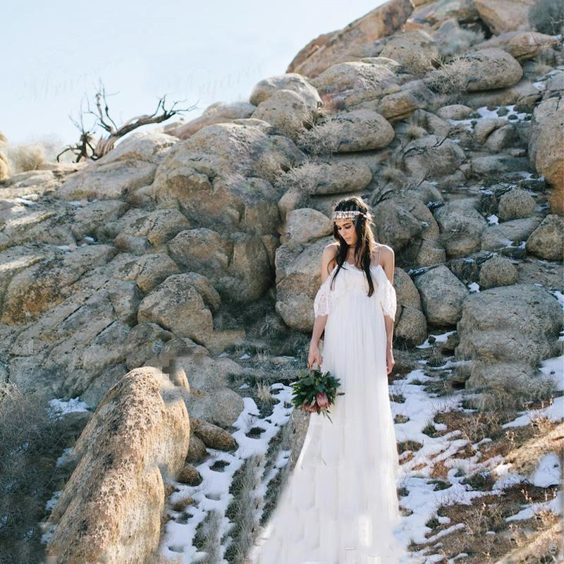 Sexy Straps Country Wedding Dresses Bridal Gowns Drop Sleeve 2021 Top Lace Chiffon Beach Boho High Waist Bride Dress Plus Size