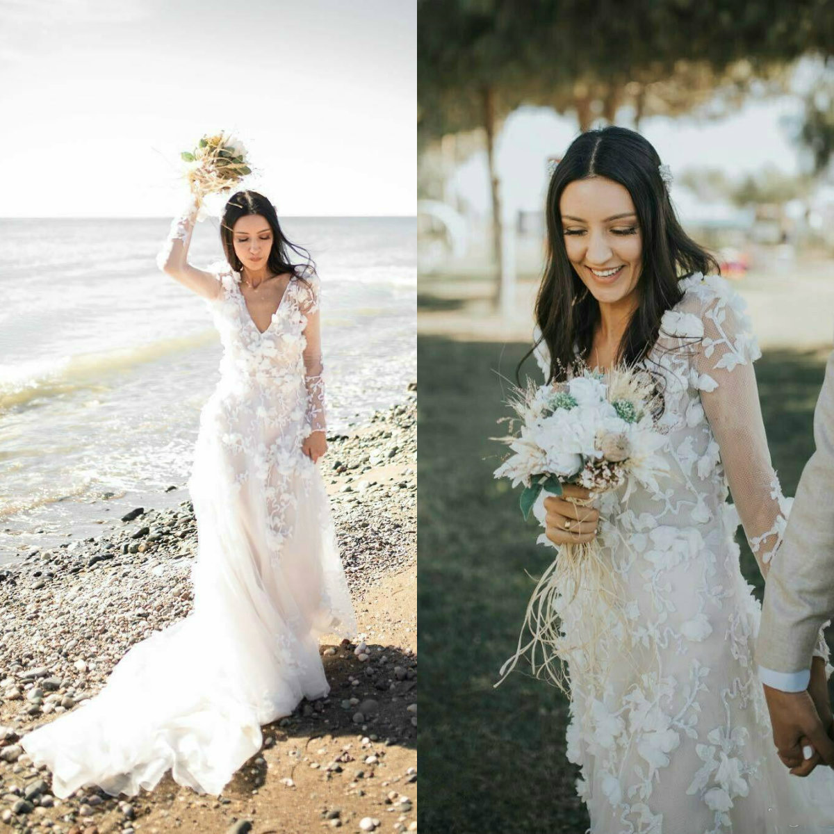 Bohemian Beach Wedding Dresses Lace 3D Floral Flowers Sheer Long Sleeve Lace Bridal Gowns V Neck Custom Made Sweep Train Wedding Dress, Coral
Bohemian Beach Wedding Dresses Lace 3D Floral Flowers Sheer Long Sleeve Lace Bridal Gowns V Neck Custom Made Sweep Train Wedding Dress, Coral