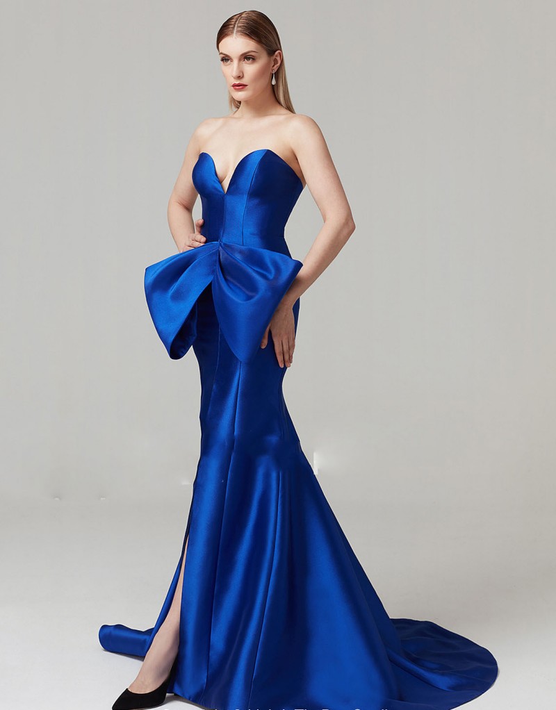 Tony Ward 2019 Royal Blue Mermaid Evening Dresses Sweetheart Bow Satin Split Prom Gowns Plus Size Special Occasion Dress