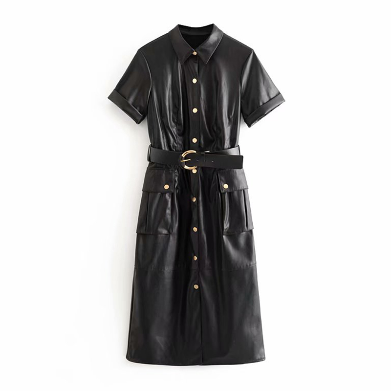 Fashion PU Faux Leather Dress Women Short Sleeve Solid Casual Dress Stylish Turn Down Collar Pockets Dresses With Belt Vestidos, Black
Fashion PU Faux Leather Dress Women Short Sleeve Solid Casual Dress Stylish Turn Down Collar Pockets Dresses With Belt Vestidos, Black
