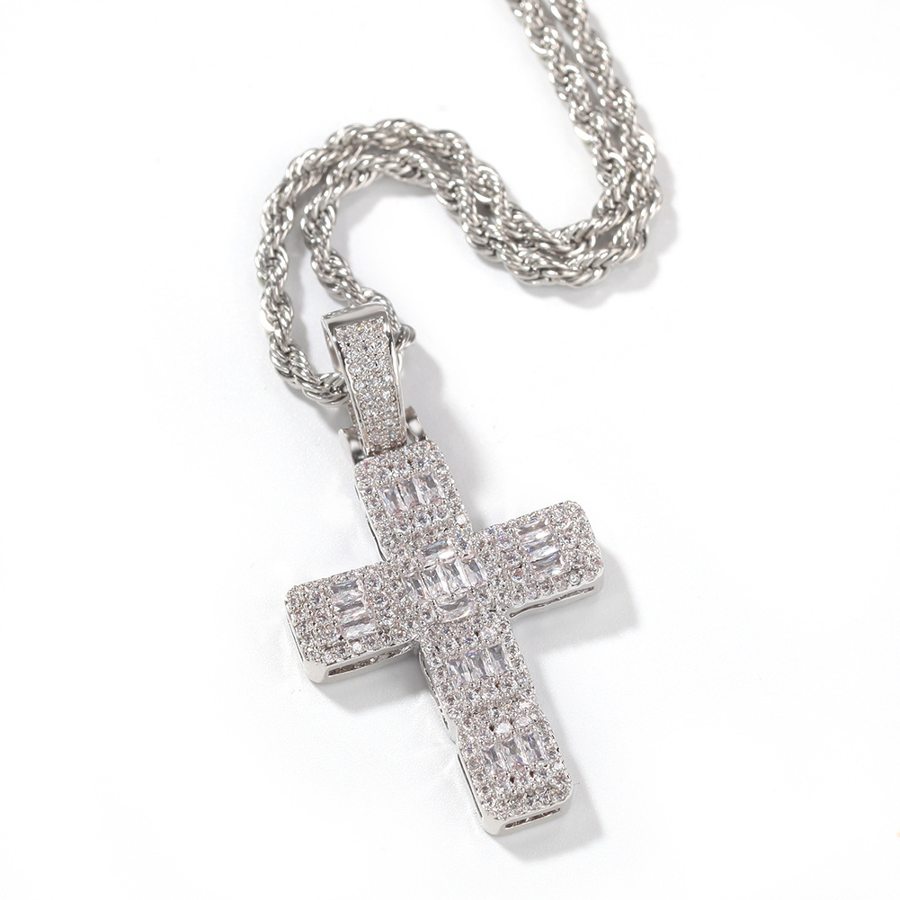 Hip Hop Shining White Zircon Cross Pendant Necklace Platinum Plated Necklace Men Women Lover Gift Religious Jewelry