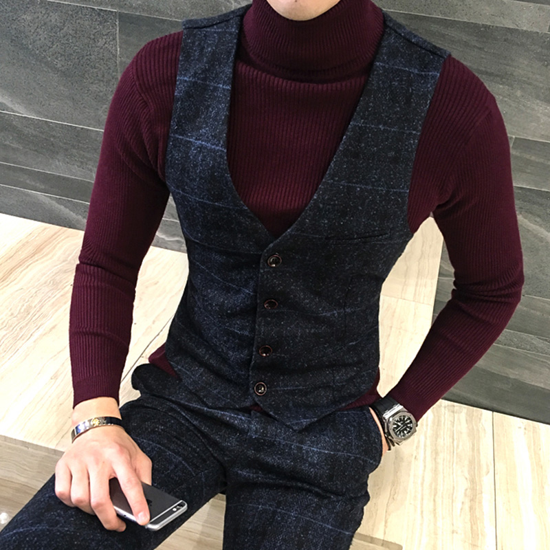 3 Piece Suits Men Latest Coat Pant Designs Royal black Mens Suit Autumn Winter Thick Slim Fit Plaid Wedding Dress Tuxedos