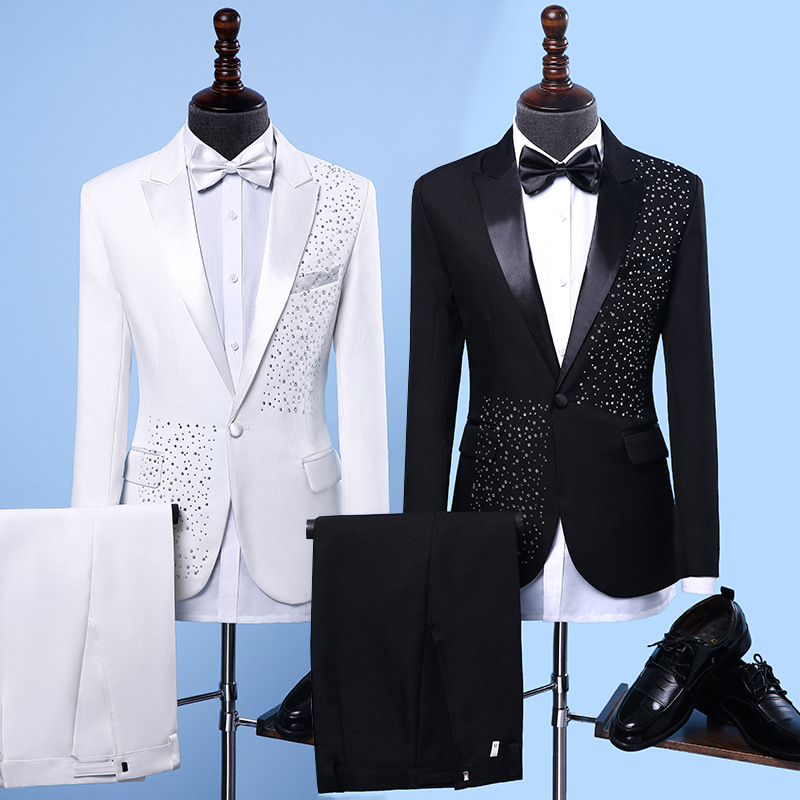 New Design Rhinestone Wedding Tuxedos Mens Slim Fit One Button Pants Suits Groom Wear 2 piece Formal Blazer In Stock