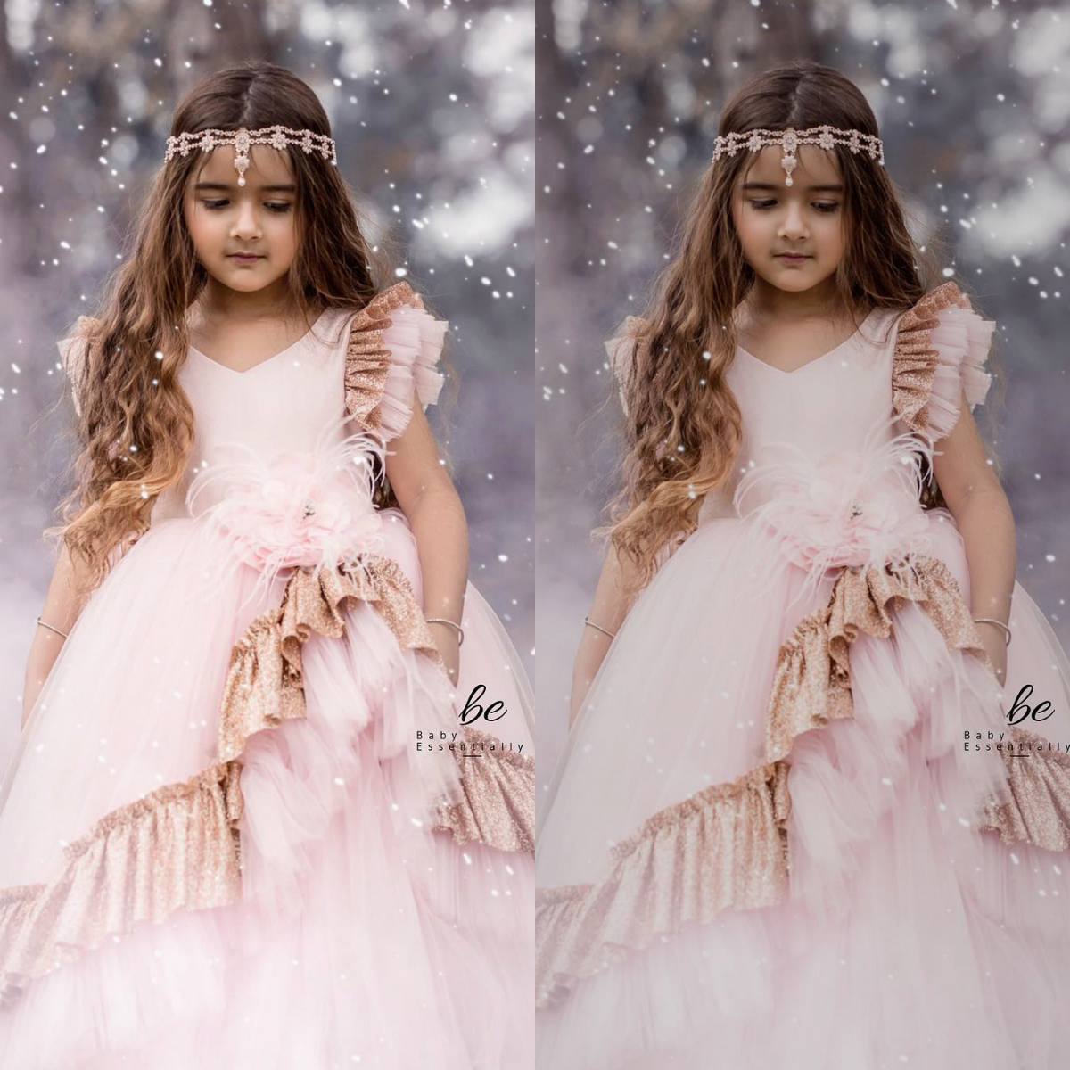 Light Pink Flowers Girls Dresses Ball Gown V Neck Sequined Feather Kids Pageant Party Dress Custom First Communion Gowns
