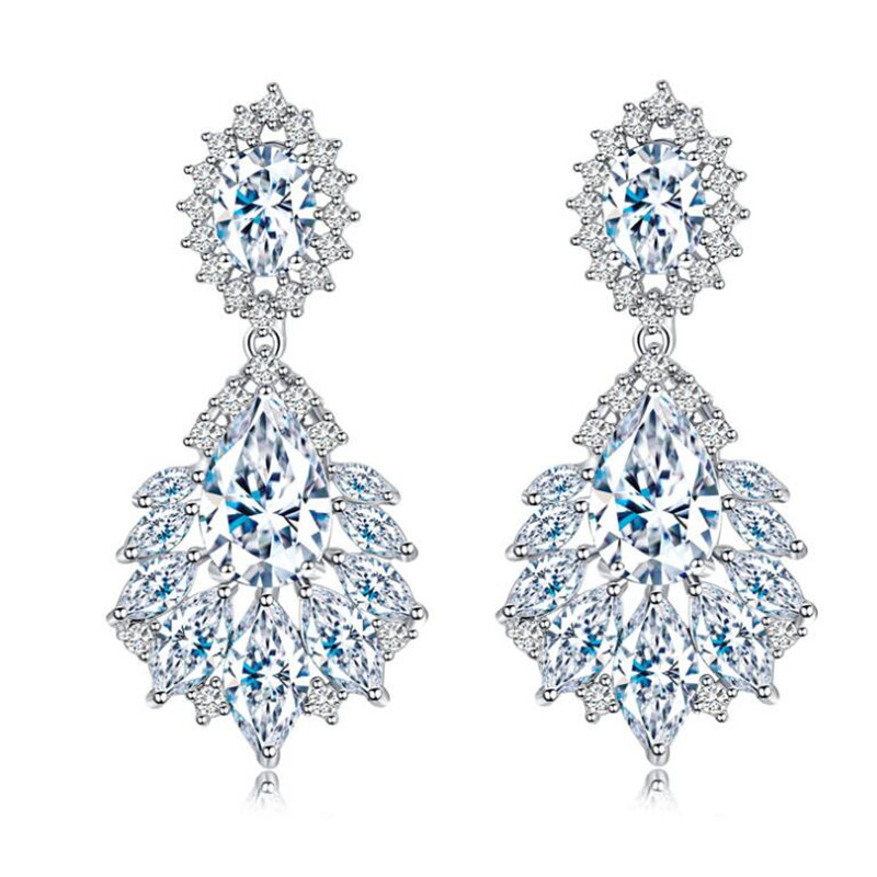 Hot Sale Luxury Jewelry 925 Sterling Silver Water Drop White Topaz CZ Diamond Crown Earring Party Women Wedding Bridal Dangle Earrings Gift