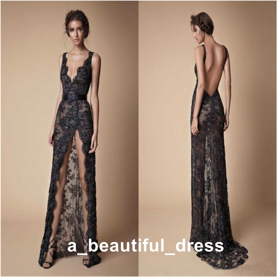 Berta Black Sexy Evening Dresses Lace Edge Deep V Neck Backless Sash High Split Pageant Formal Party Prom Gowns Vestidos De Fiesta ED1267