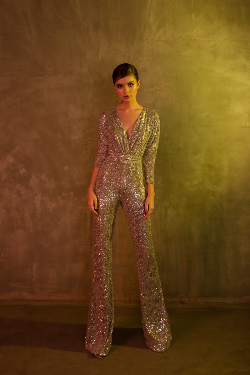 Sequined Berta 2019 Jumpsuits Prom Dresses V Neck 3/4 Long Sleeve Vestidos De Fiesta Floor Length Cheap Evening Dress Formal Woman Pants