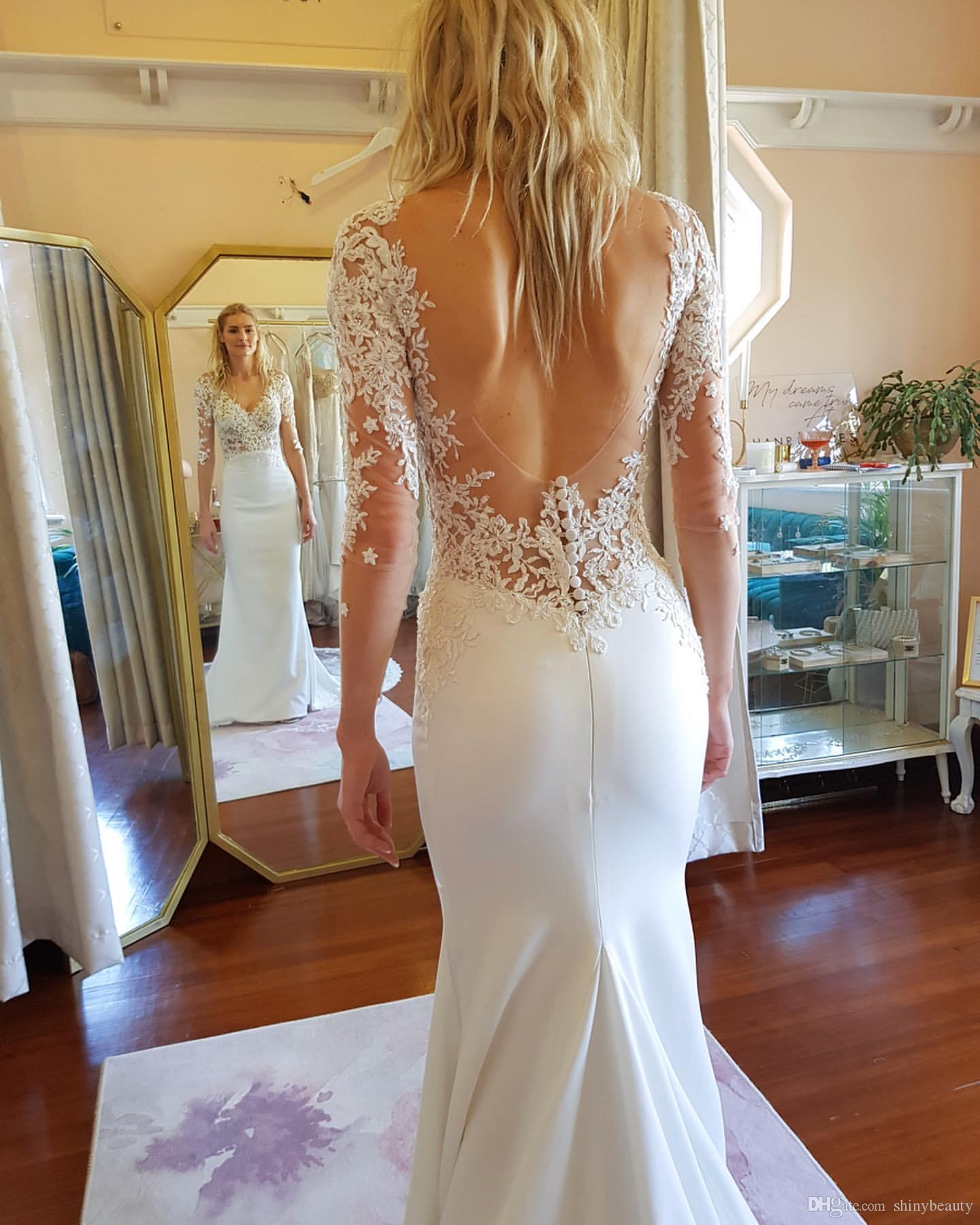 Sexy Lace Mermaid Dresses Deep V Neck Applique Long Illusion Sleeves Court Train Wedding Dress Bridal Gowns vestidos de novia