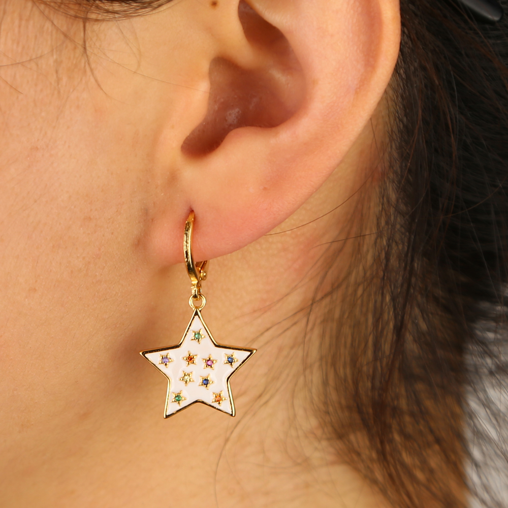 2024 Christmas gift rainbow cz star white enamel star drop charm Gold plated earring fashion trendy women jewelry