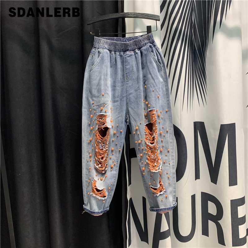 Women's Loose High Waist Jeans 2020 Summer New Ripped Holes Beaded Harem Pants Fashion Elastic Waist Denim Pants Students Jeans, As picture
Women's Loose High Waist Jeans 2020 Summer New Ripped Holes Beaded Harem Pants Fashion Elastic Waist Denim Pants Students Jeans, As picture