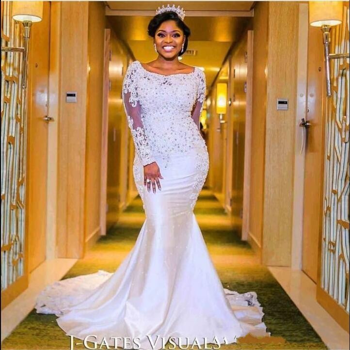Nigerian Mermaid Wedding Dresses Sweetheart Beaded Lace Appliqued Long Sleeves Chapel Train Length African Black Girl Bridal Gowns BA