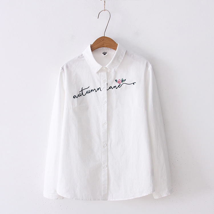 2020 White 100% Cotton Women School Shirt Letter Floral Embroidery Blue Tops Ladies Blouses Long Sleeve Female Office Shirt