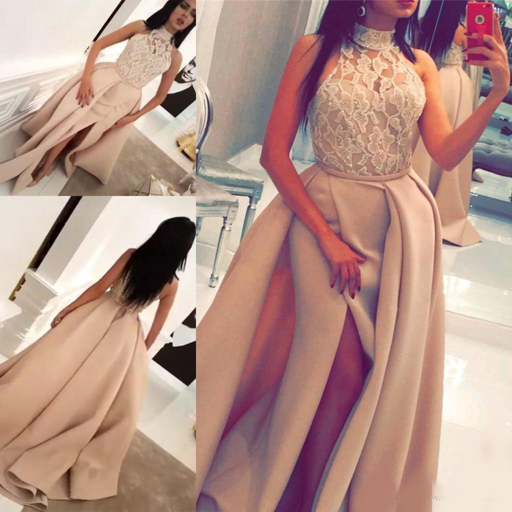 Gorgeous High Neck Long Prom Dresses Lace Beaded Floor Length Side Split Satin Formal Evening Dress Gowns