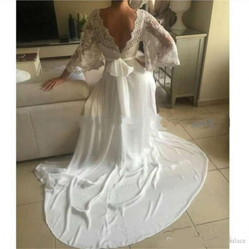 Bohemian Wedding Dresses Illusion Lace Bridal Gown Backless Long Sleeve Deep V Neck Wedding Gowns Boho Chiffon Plus Size Beach Bridal Dress