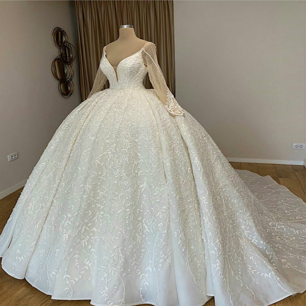 princess plus size wedding dresses v neck long sleeve ball gown sweep train applique lace wedding dress vestido noiva
