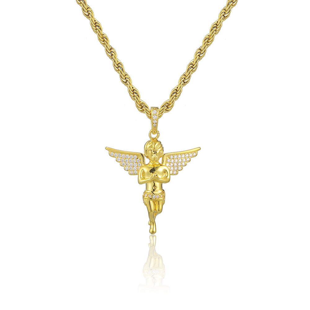 Full Charm White Zirconia Hip Hop Praying Hands Flying Angel Pendant Necklace Jewelry Fairy Crystal Wing Pendants