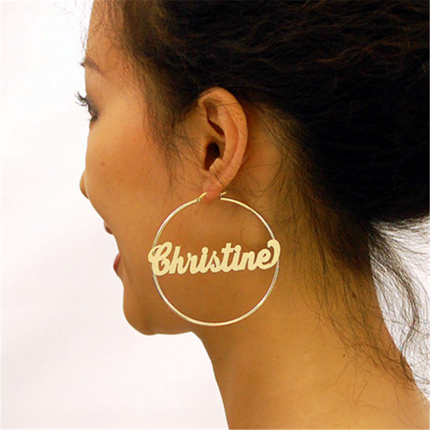 1Pairs Custom Name Mix Match Hoop Earrings Fashion Stainless Steel 70MM Diameter Boho Personalised Name Earrings Modern Brincos V191128