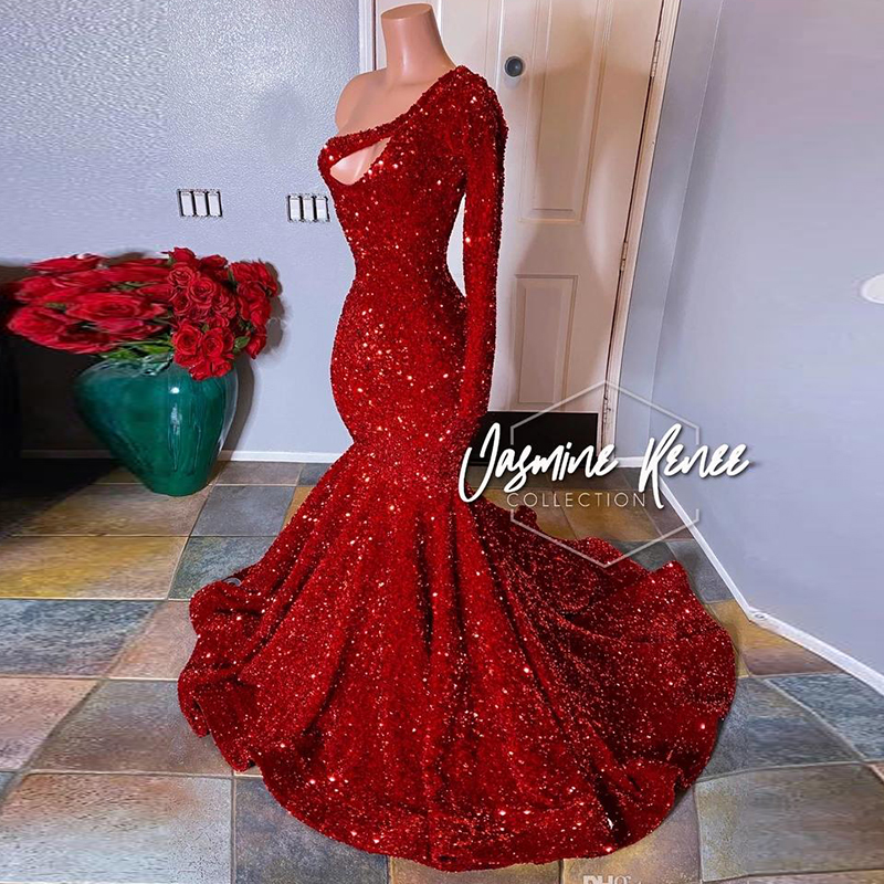 Prom Dresses Mermaid One Shoulder Dark Red Party Dress Lace Appliques Crystal Beads Long Sleeves Plus Size Evening Gowns