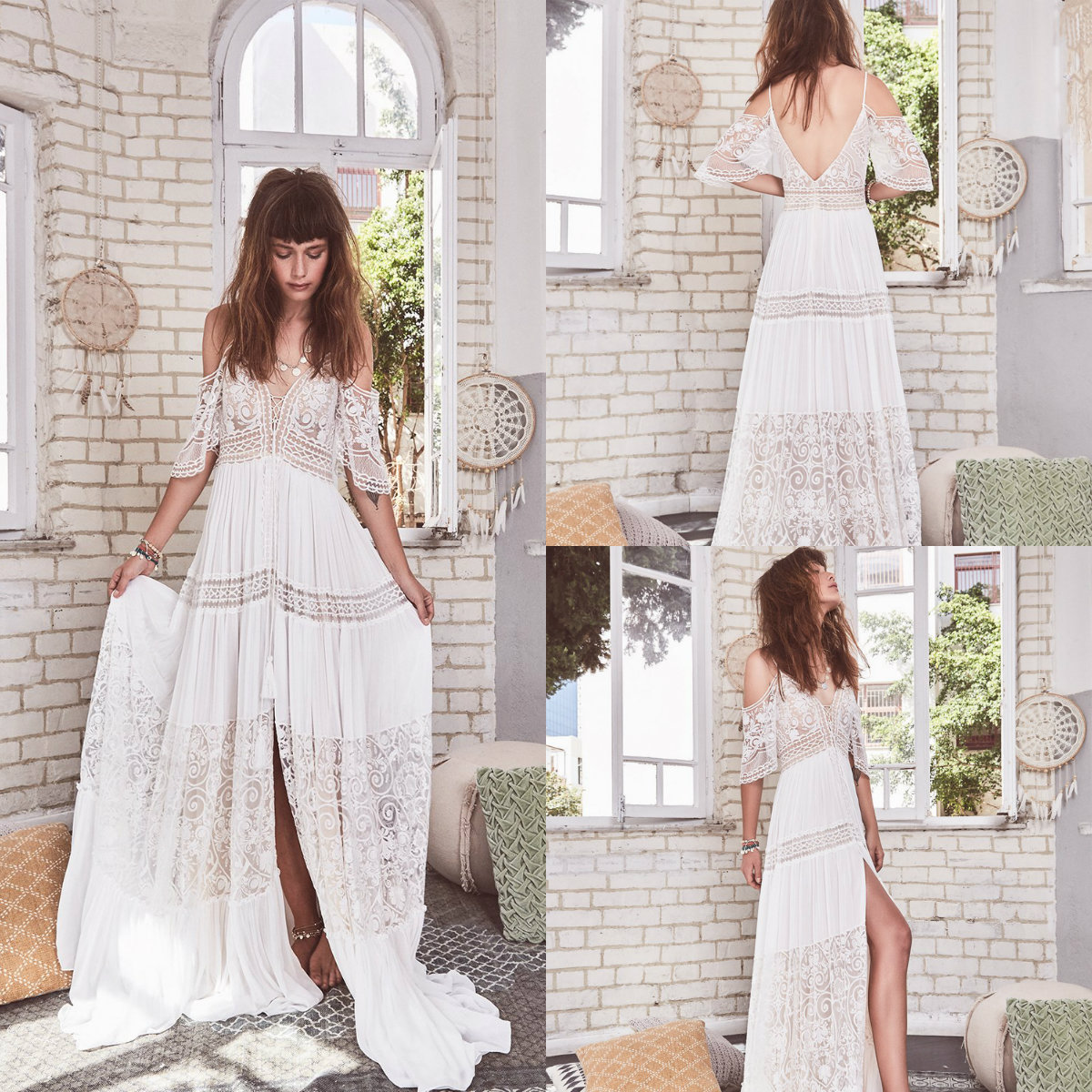 2019 Gypsysis Bohemian Wedding Dresses Spaghetti Lace Applique Front Split A Line Boho Wedding Dress Sweep Train Backless Beach Bridal Gowns