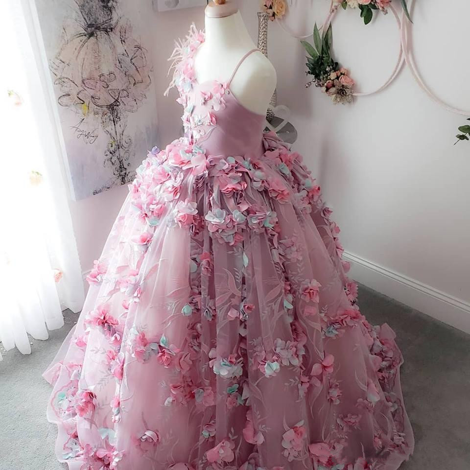 luxurious feather lace flower gilr dresses hand made flowers beaded little girl wedding dresses beautiful child pageant dresses gowns