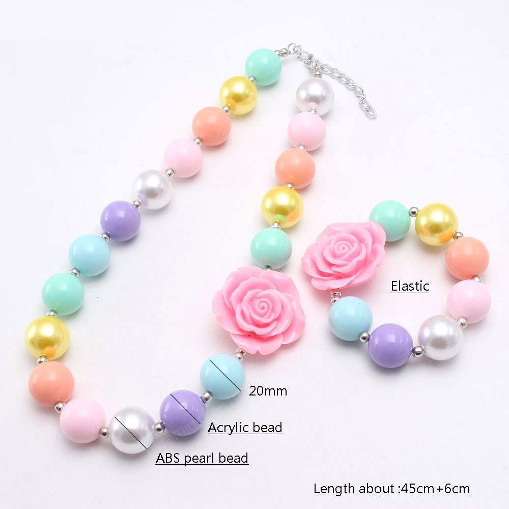 Adorable Candy Color Chunky Beads Necklace Bracelet With Rose Flower Kids Girls Child Chunky Beaded Jewelry Set Colorful