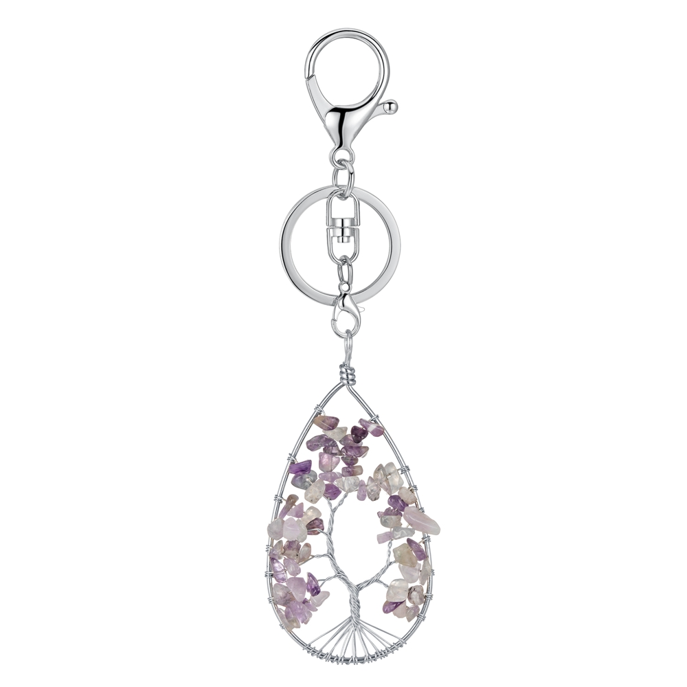 12PCS Handmade Wire Wrapped Chip Stone Life of Tree Pendant Keychain 7 Chakras Healing Crystals Key Ring Chain for Women Car Door