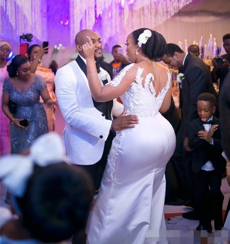 Long Sleeves Mermaid Dresses One Shoulder Satin Chiffon Lace Applique Detachable Train Plus Size Wedding Gown Vestido De Novia