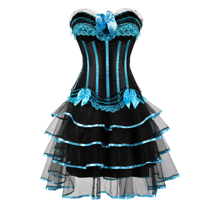 Big Plus Size 6XL Ruffle Lace Bow Burlesque Satin Corset Top with Tier Tulle Tutu Skirt Dance Corset Halloween Costume Dress Outfit Clubwear