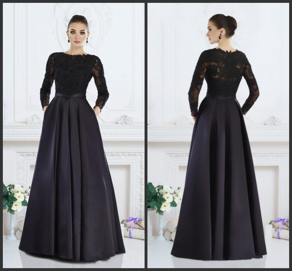 Black Mother Of The Bride Dresses With Pockets Lace Long Sleeves Elegant Evenin…