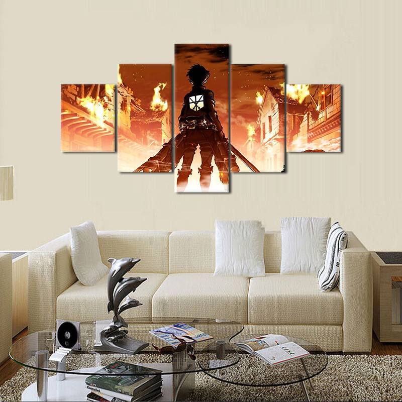 5pcs/set Unframed Attack on Titan On Fired Anime Poter Painting On Canvas Wall Art Picture For Living Room Decor