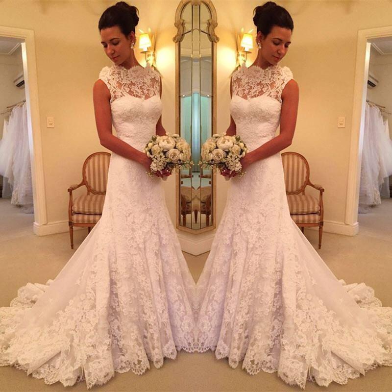 Lace Wedding Dresses 2020 robe de marriage Sheer Neck Elegant Mermaid Bridal Sweep Train Wedding Gowns Custom Made