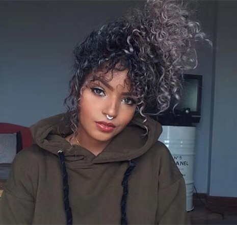 Curly hair grey color drawstring ponytail extension,1pcs grey human hair ponytail hairpiece for young girl sexy cool deep curly divaswigs