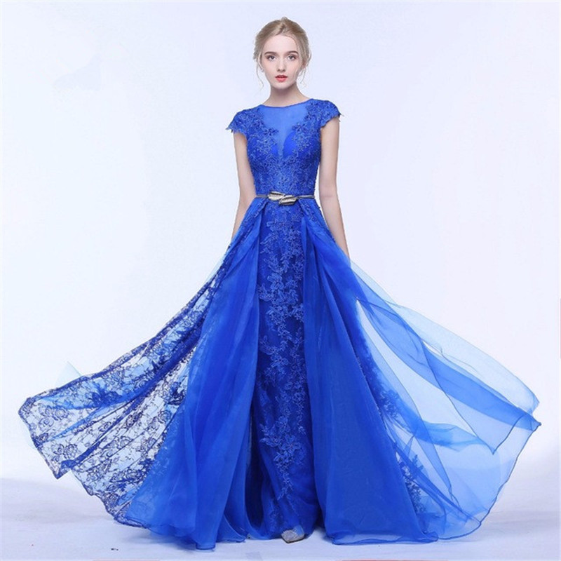 Blue Tulle A-line Prom Dresses With Belt Formal Evening Gowns Cap Sleeves Floor Length Party Dress