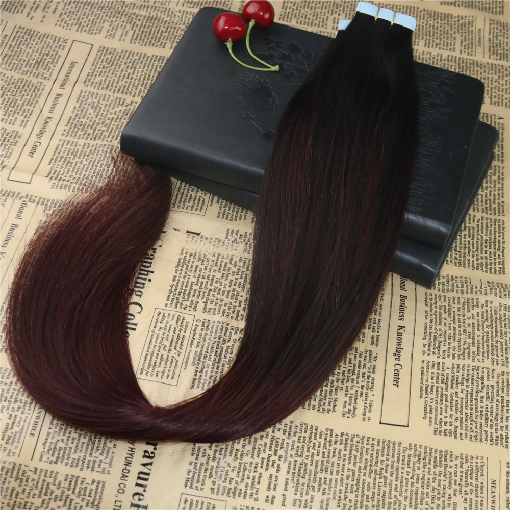 Highlights Real Remy Human On Hair Ombre #1B/99J Balayage Invisible Skin Weft Tape In Extensions 100G/40Pcs