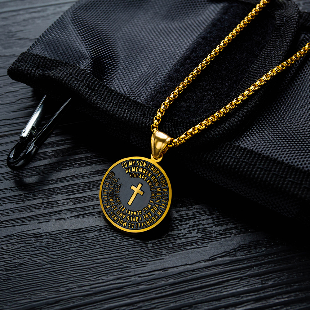 Retro Men Stainless Steel Round Card Pendant Necklace Titanium Steel Religious Pendants Jewelry Wholesale Gold Plated