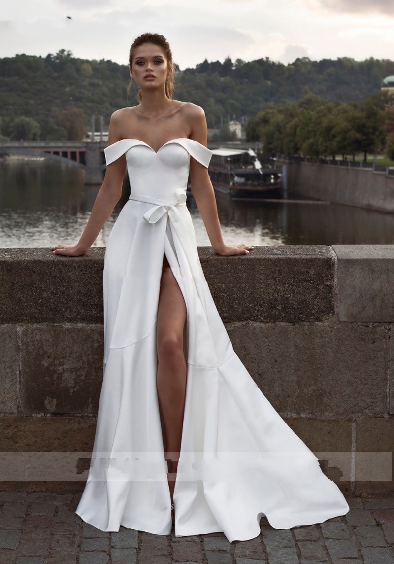 Simple Princess Wedding Dress Mermaid Satin High Split Bride Dresses Off The Shoulder Boho Wedding Gown Vestido de noiva