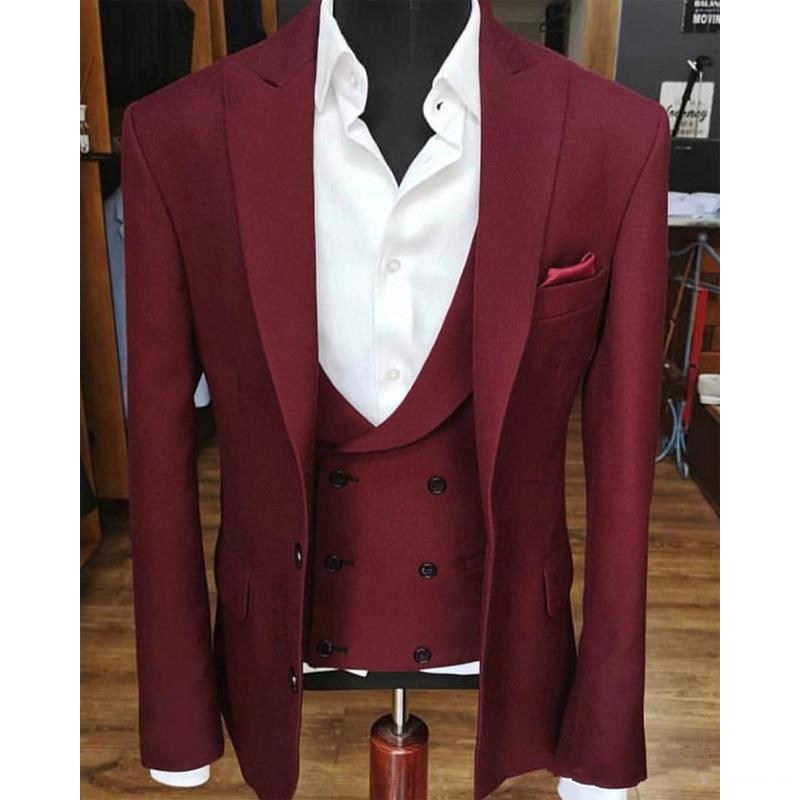 High Quality Two Buttons Wine Groom Tuxedos Peak Lapel Men Suits Wedding/Prom/Dinner Best Man Blazer (Jacket+Pants+Vest+Tie) W390