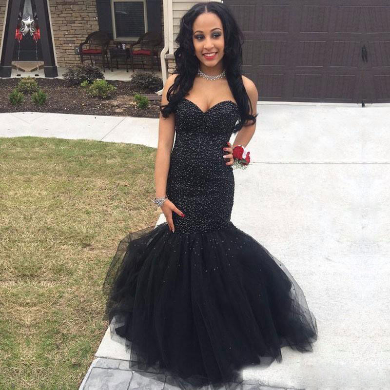 Stylih Lack Mermaid Prom Dree Eaded Sweetheart Neck Sequined Evening Gown Sweep Train Tulle Plu Size Party Dre
