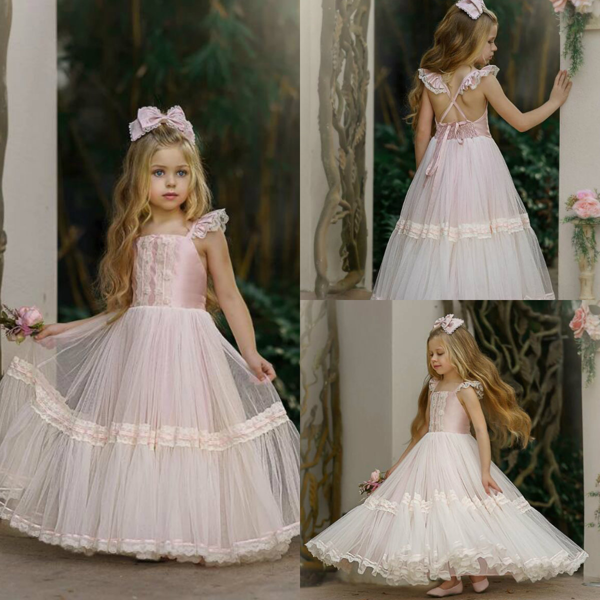 2020 Blush Pink Flower Girl Dresses for Wedding Cheap A Line Spaghetti First Communion Dress Birthday Custom Made Prom Gowns Party Wear