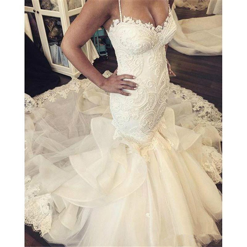 mermaid dresses spaghetti straps lace applique cascading ruffles court train wedding gowns buttons vestido de novia